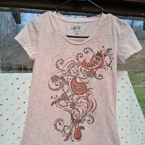 Style & Co. Light Pink Short Sleeve Paisley Embellished Tee Sz M 100% Cotton
